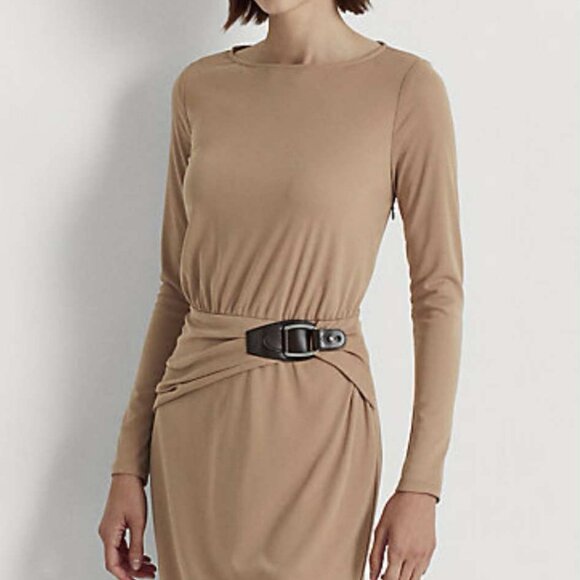 New w/tag Lauren Ralph Lauren beige jersey buckle trim strech dress 10 - Picture 2 of 2